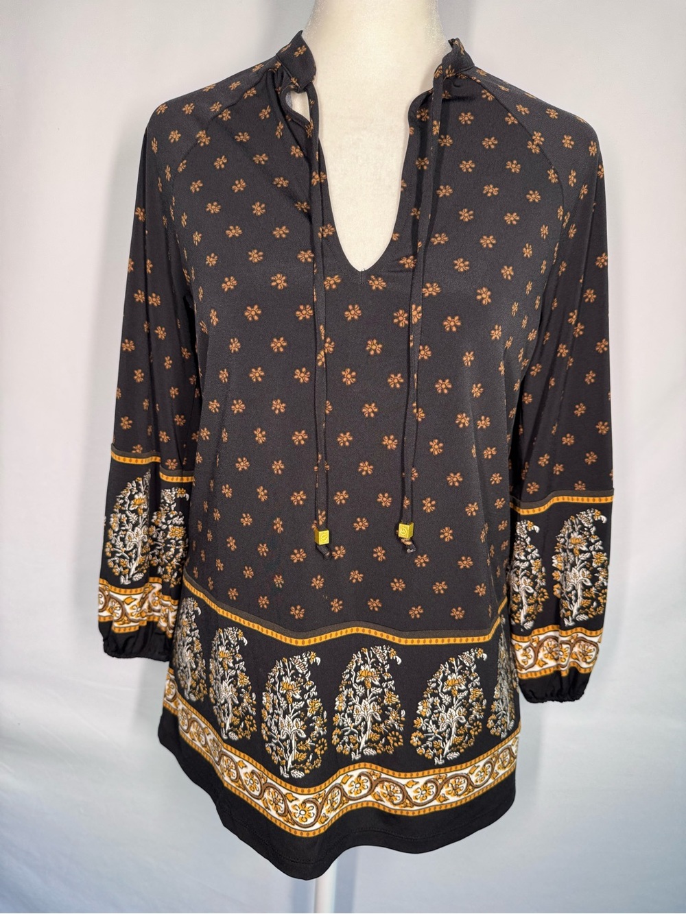 ❤️3/$30 MICHAEL Michael Kors Boho Peasant Blouse Black Gold Paisley Floral - XS